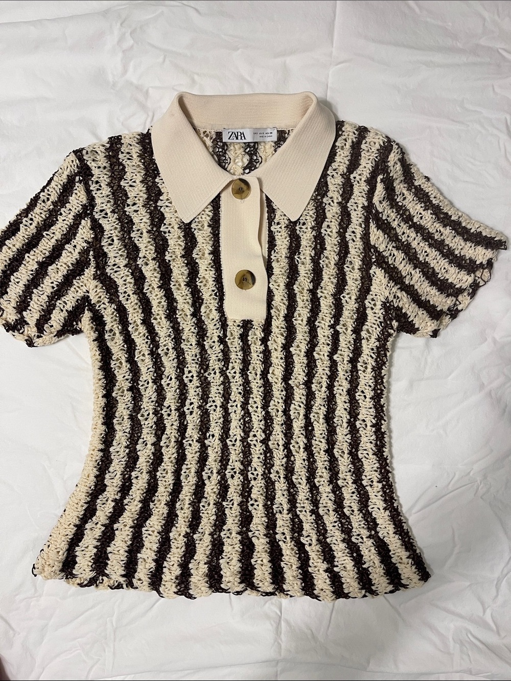 ZARA Cream and chocolate brown Striped mesh knit Polo